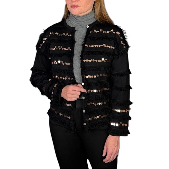 EDINBURGH KNITWEAR 100% WOOL FRINGE IRIDESCENT SEQUIN STRIPE CARDIGAN SWEATER - Picture 1 of 13